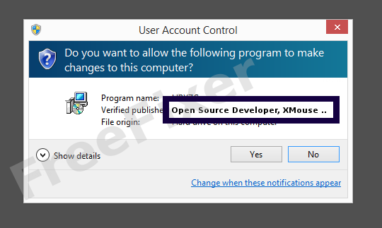 Screenshot where Open Source Developer, XMouse Button Control appears as the verified publisher in the UAC dialog